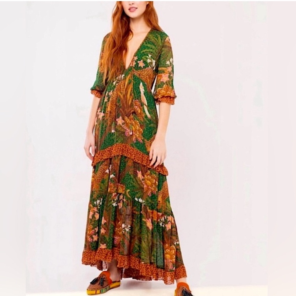 Farm Rio Mix Wild Leopards Maxi Dress Green Brown Size XS